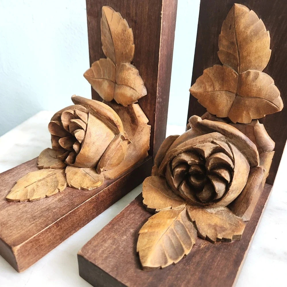 Antique Rose Wood Bookends Hand Carved‎ Floral Library French Country Decor